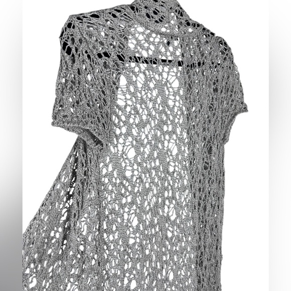 Eileen Fisher Luster Long Open Crochet Linen Blend Cardigan Vapor Grey small - Picture 2 of 6
